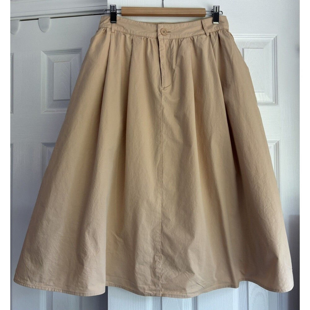 WD.NY Tan Brown Boho Prairie Cottagecore Cotton Skirt With Pockets Knee/Midi